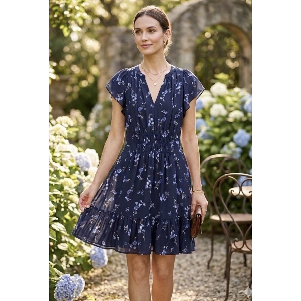 Rebecca Taylor Women's Navy Floral Francine Mini Dress 100% Silk Size 10 $395